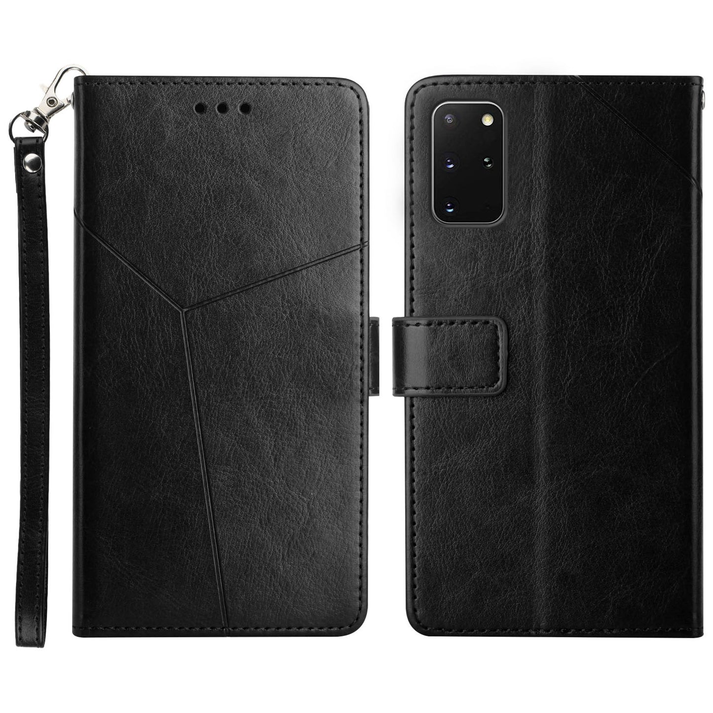 Y-shaped Line Imprinting Shock-absorbed PU Leather Phone Wallet Shell Stand Cover for Samsung Galaxy S20 Plus 4G/5G - Black