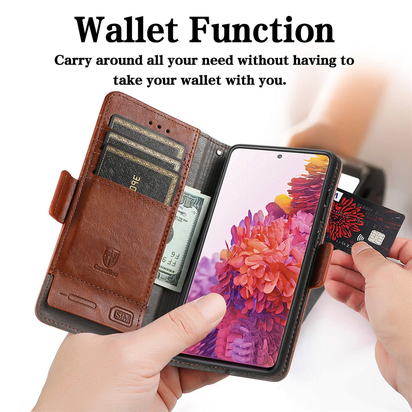 CASENEO 002 Series Scratch-Resistant Anti-Drop Business Style Splicing PU Leather Stand Wallet Case for Samsung Galaxy S20 FE/S20 FE 5G/S20 Lite/S20 FE 2022 - Dark Brown