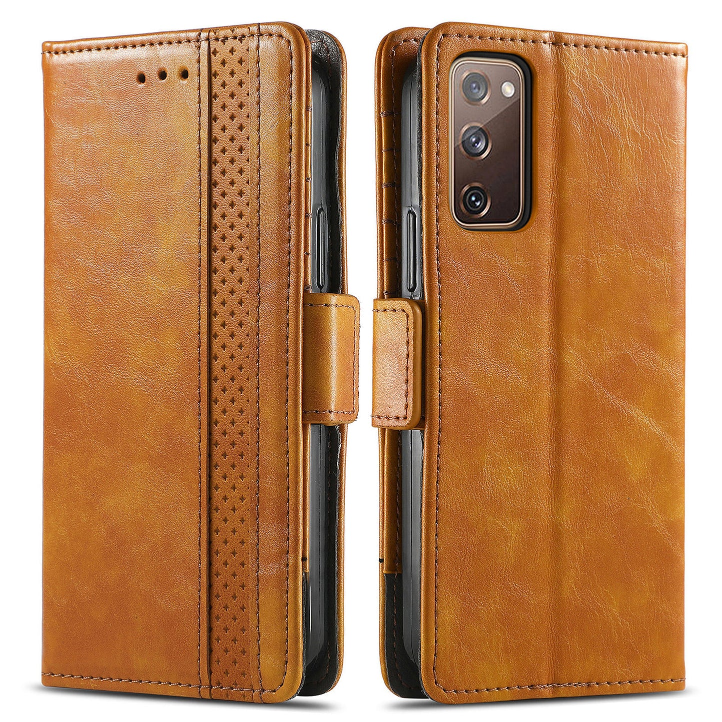 CASENEO 002 Series Scratch-Resistant Anti-Drop Business Style Splicing PU Leather Stand Wallet Case for Samsung Galaxy S20 FE/S20 FE 5G/S20 Lite/S20 FE 2022 - Light Brown