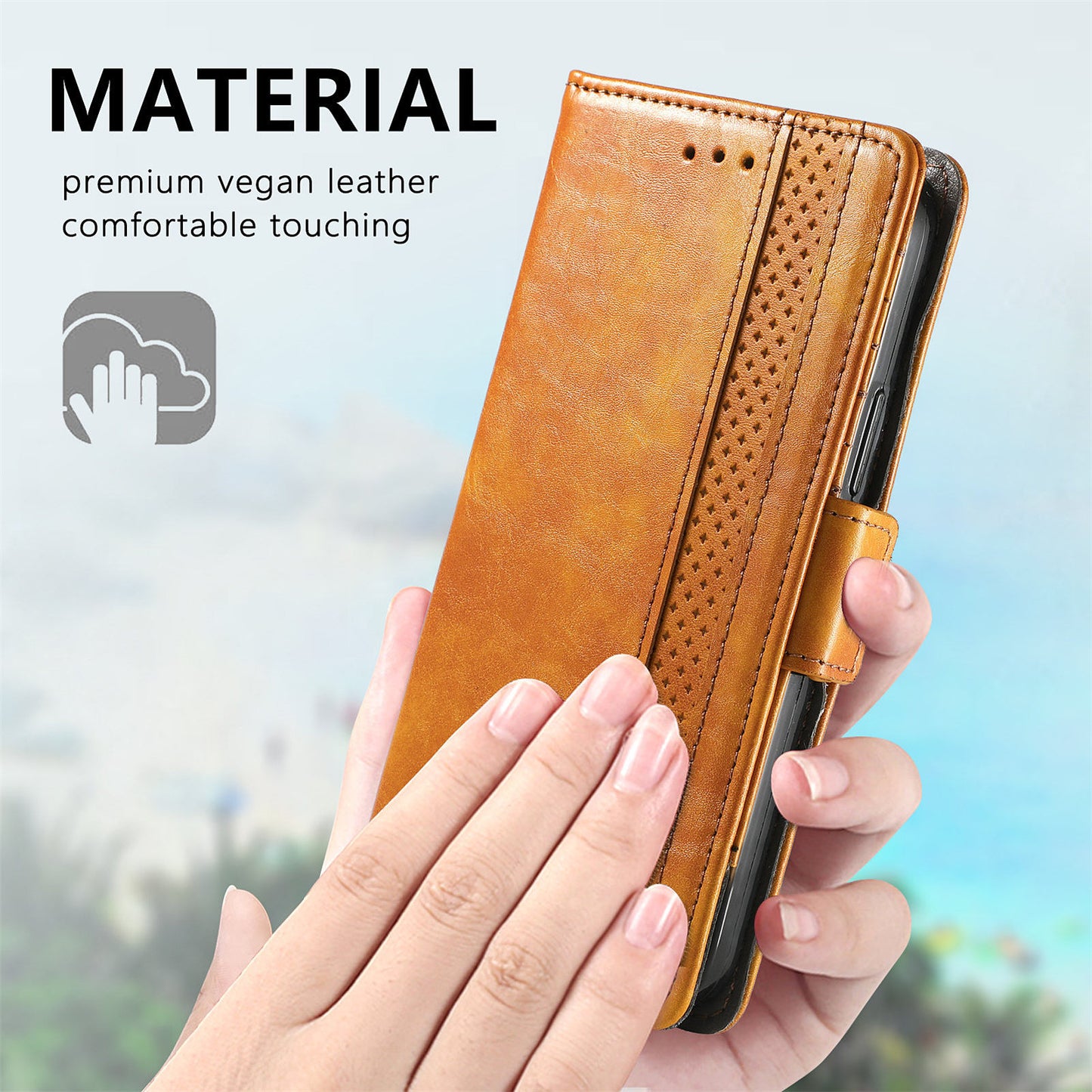 CASENEO 002 Series Scratch-Resistant Anti-Drop Business Style Splicing PU Leather Stand Wallet Case for Samsung Galaxy S20 FE/S20 FE 5G/S20 Lite/S20 FE 2022 - Light Brown