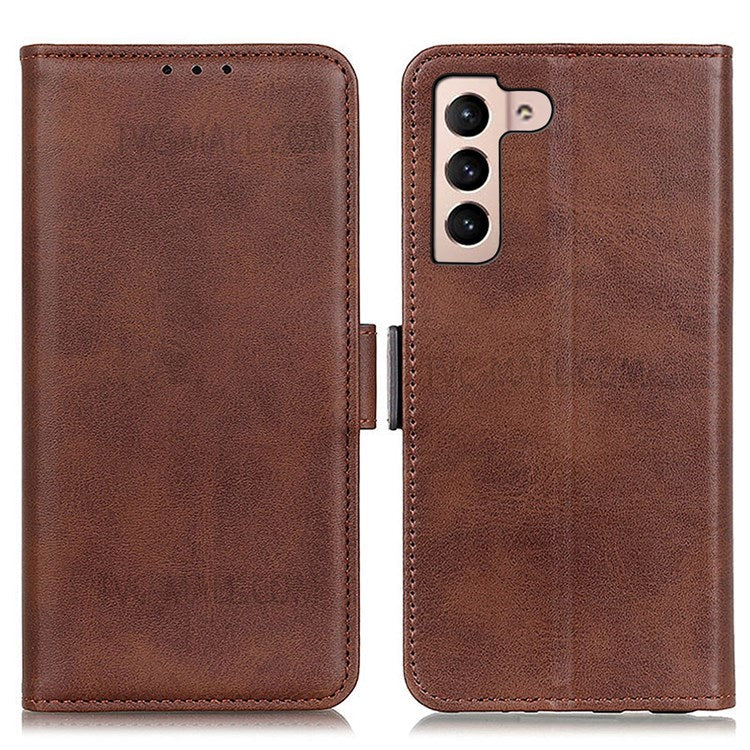 Shockproof Well-Protected Stylish Side Magnetic Clasp PU Leather Wallet Stand Case Phone Shell for Samsung Galaxy S22 5G - Coffee