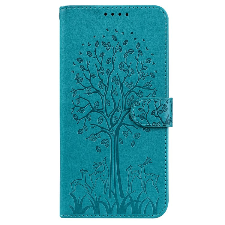 Deer and Tree Imprinting Stand Feature PU Leather Wallet Shockproof Flip Magnetic Case for Samsung Galaxy S22 5G - Blue