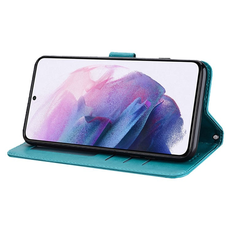 Deer and Tree Imprinting Stand Feature PU Leather Wallet Shockproof Flip Magnetic Case for Samsung Galaxy S22 5G - Blue