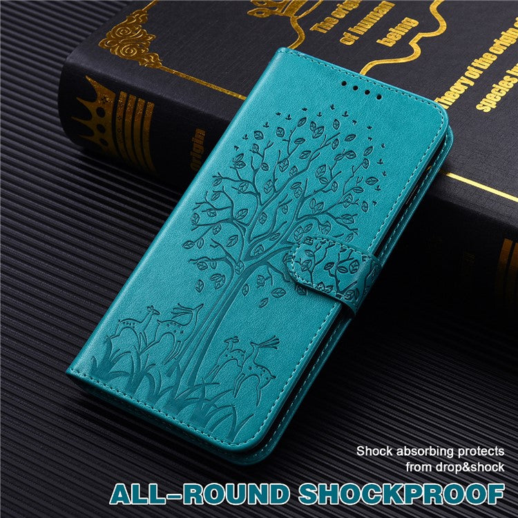 Deer and Tree Imprinting Stand Feature PU Leather Wallet Shockproof Flip Magnetic Case for Samsung Galaxy S22 5G - Blue