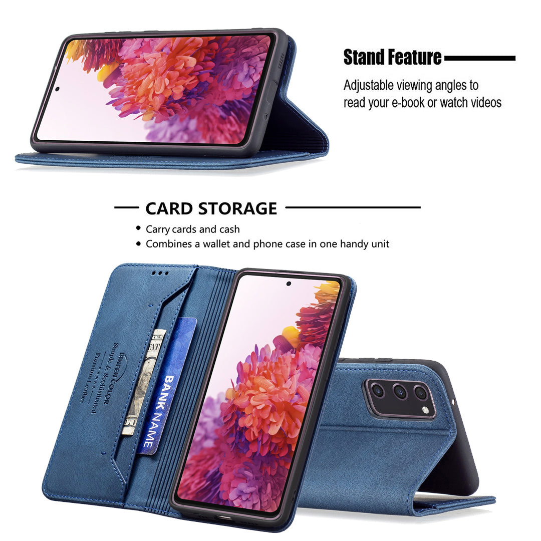 BINFEN COLOR BF08 RFID Blocking Magnetic Closure Shockproof Leather Phone Case Wallet Stand Cover for Samsung Galaxy S20 FE/S20 FE 5G/S20 Lite/S20 FE 2022 - Blue