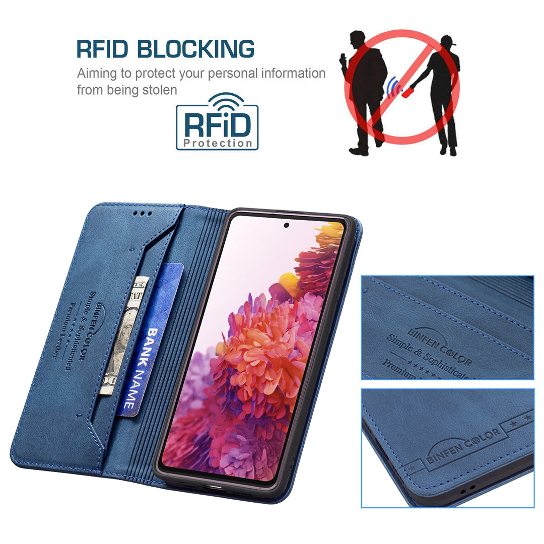 BINFEN COLOR BF08 RFID Blocking Magnetic Closure Shockproof Leather Phone Case Wallet Stand Cover for Samsung Galaxy S20 FE/S20 FE 5G/S20 Lite/S20 FE 2022 - Blue