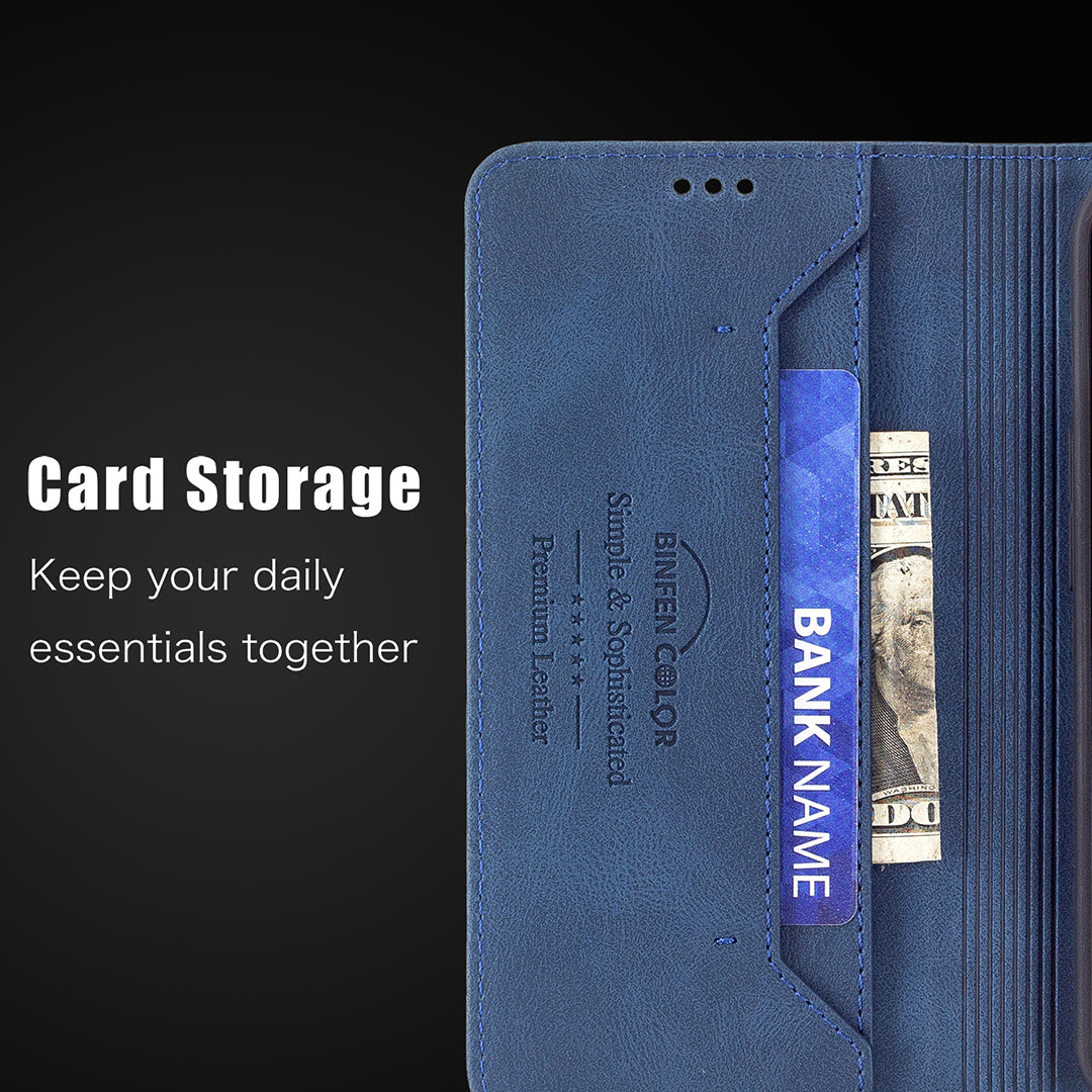 BINFEN COLOR BF08 RFID Blocking Magnetic Closure Shockproof Leather Phone Case Wallet Stand Cover for Samsung Galaxy S20 FE/S20 FE 5G/S20 Lite/S20 FE 2022 - Blue