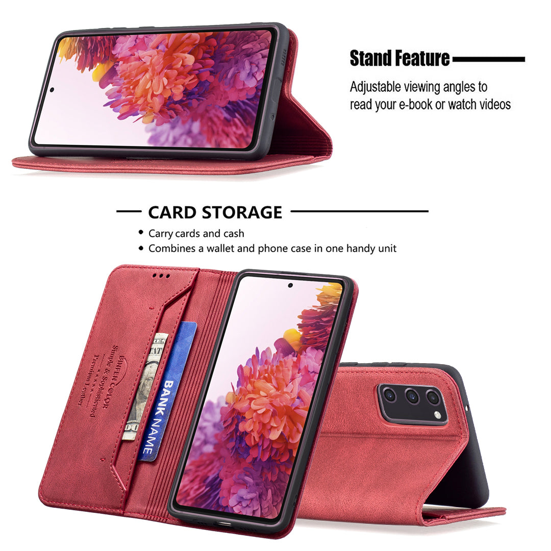 BINFEN COLOR BF08 RFID Blocking Magnetic Closure Shockproof Leather Phone Case Wallet Stand Cover for Samsung Galaxy S20 FE/S20 FE 5G/S20 Lite/S20 FE 2022 - Red