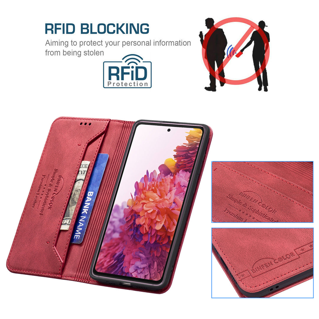 BINFEN COLOR BF08 RFID Blocking Magnetic Closure Shockproof Leather Phone Case Wallet Stand Cover for Samsung Galaxy S20 FE/S20 FE 5G/S20 Lite/S20 FE 2022 - Red