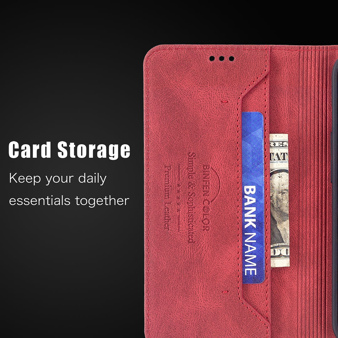 BINFEN COLOR BF08 RFID Blocking Magnetic Closure Shockproof Leather Phone Case Wallet Stand Cover for Samsung Galaxy S20 FE/S20 FE 5G/S20 Lite/S20 FE 2022 - Red