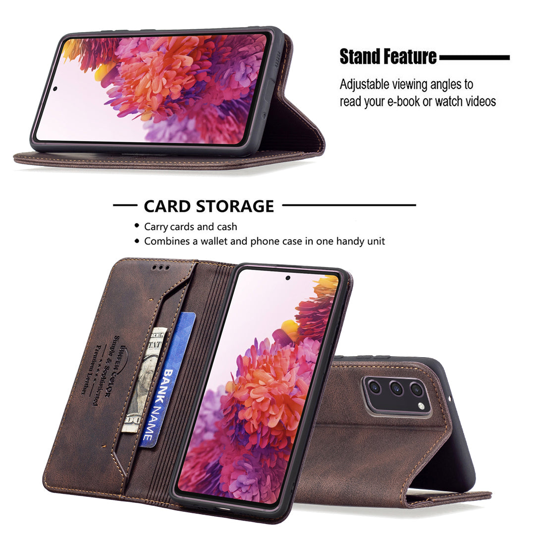 BINFEN COLOR BF08 RFID Blocking Magnetic Closure Shockproof Leather Phone Case Wallet Stand Cover for Samsung Galaxy S20 FE/S20 FE 5G/S20 Lite/S20 FE 2022 - Brown