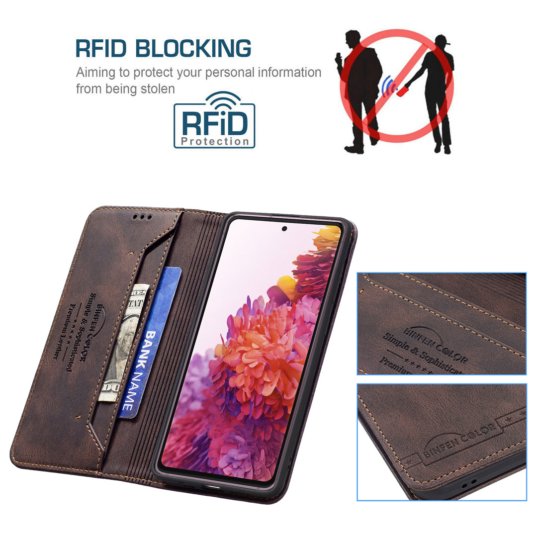 BINFEN COLOR BF08 RFID Blocking Magnetic Closure Shockproof Leather Phone Case Wallet Stand Cover for Samsung Galaxy S20 FE/S20 FE 5G/S20 Lite/S20 FE 2022 - Brown