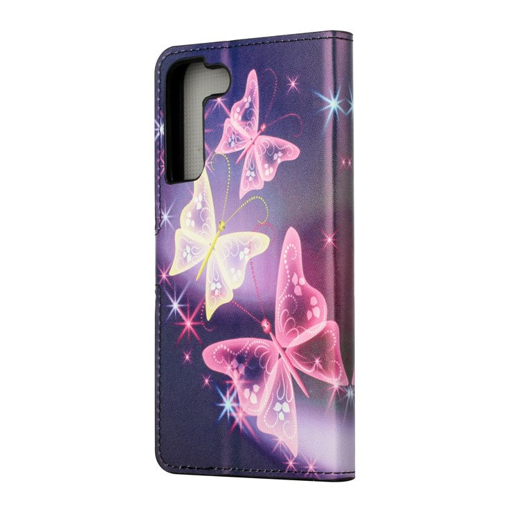 Magnetic Clasp Pattern Printing PU Leather Wallet Stand Phone Case Cover for Samsung Galaxy S22 5G - Sparkling Butterflies