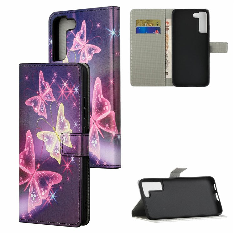 Magnetic Clasp Pattern Printing PU Leather Wallet Stand Phone Case Cover for Samsung Galaxy S22 5G - Sparkling Butterflies