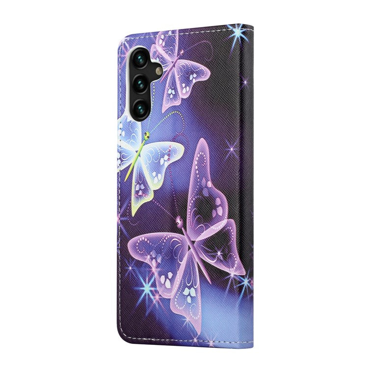 Pattern Printing Cross Texture PU Leather Phone Wallet Stand Case Protective Cover for Samsung Galaxy A13 5G / A04s 4G (164.7 x 76.7 x 9.1 mm) - Sparkling Butterflies