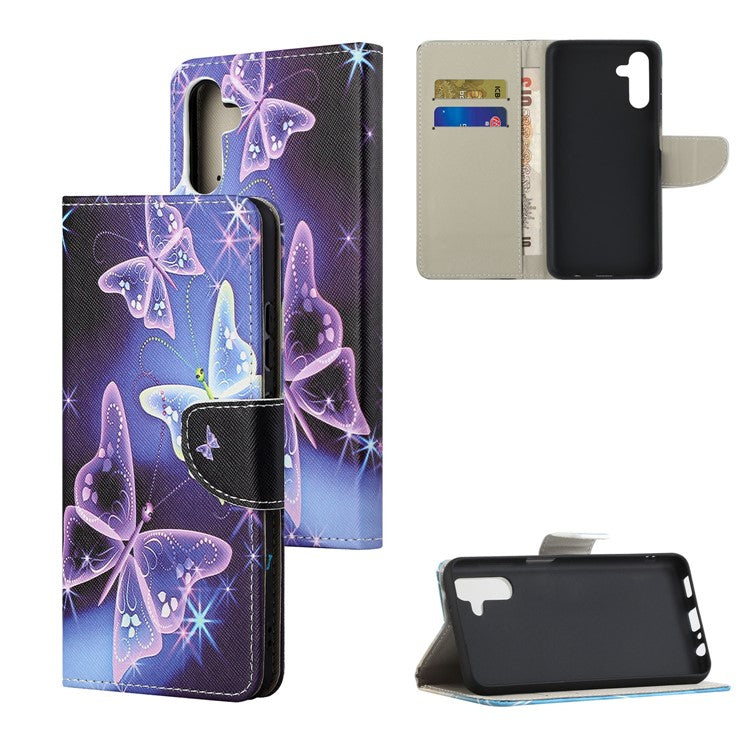 Pattern Printing Cross Texture PU Leather Phone Wallet Stand Case Protective Cover for Samsung Galaxy A13 5G / A04s 4G (164.7 x 76.7 x 9.1 mm) - Sparkling Butterflies