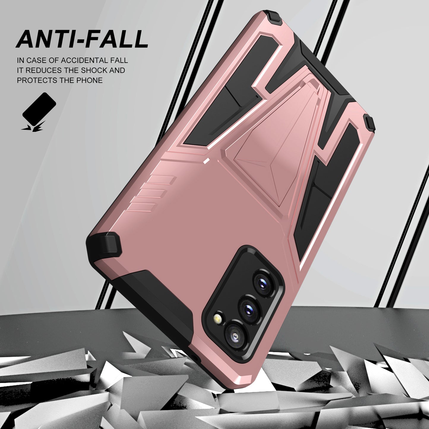 Kickstand Anti-Scratch V-Shaped Armor Hard PC + Soft TPU Frame Hybrid Phone Case for Samsung Galaxy S20 4G/S20 5G - Rose Gold