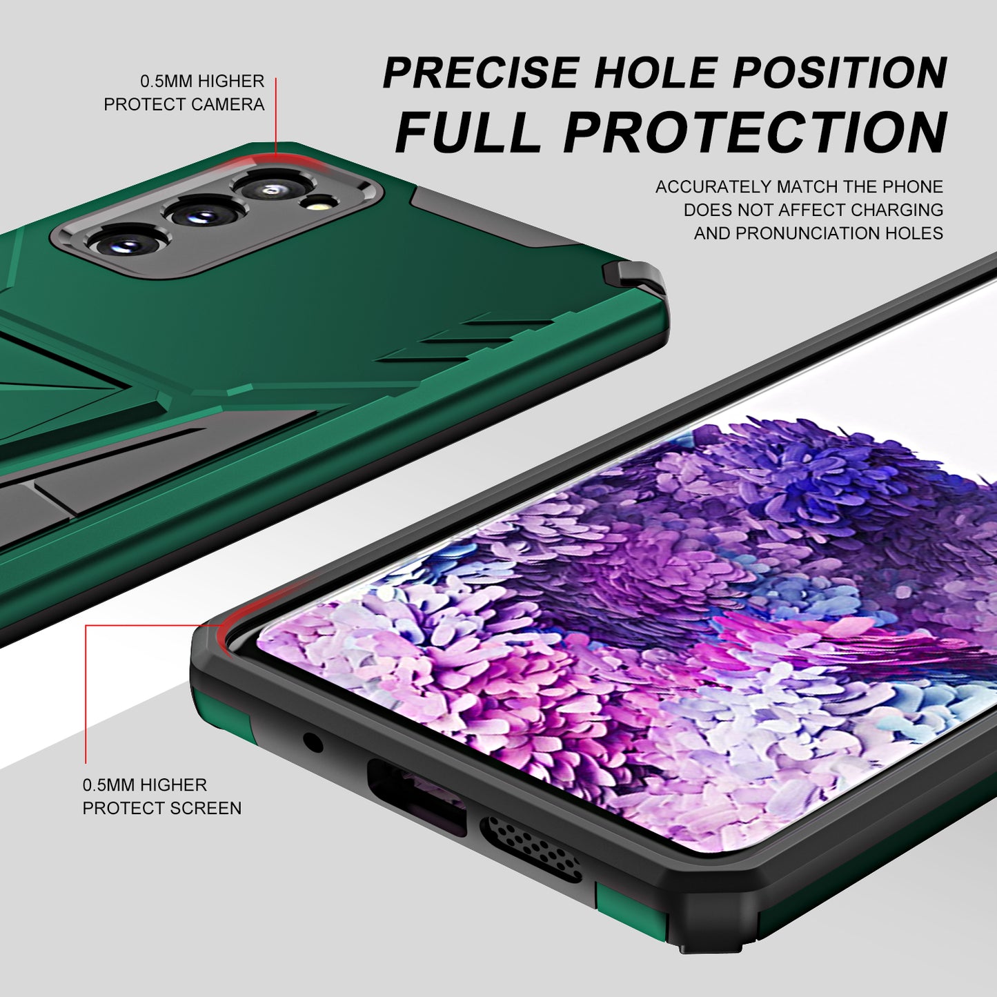 Kickstand Anti-Scratch V-Shaped Armor Hard PC + Soft TPU Frame Hybrid Phone Case for Samsung Galaxy S20 4G/S20 5G - Dark Green