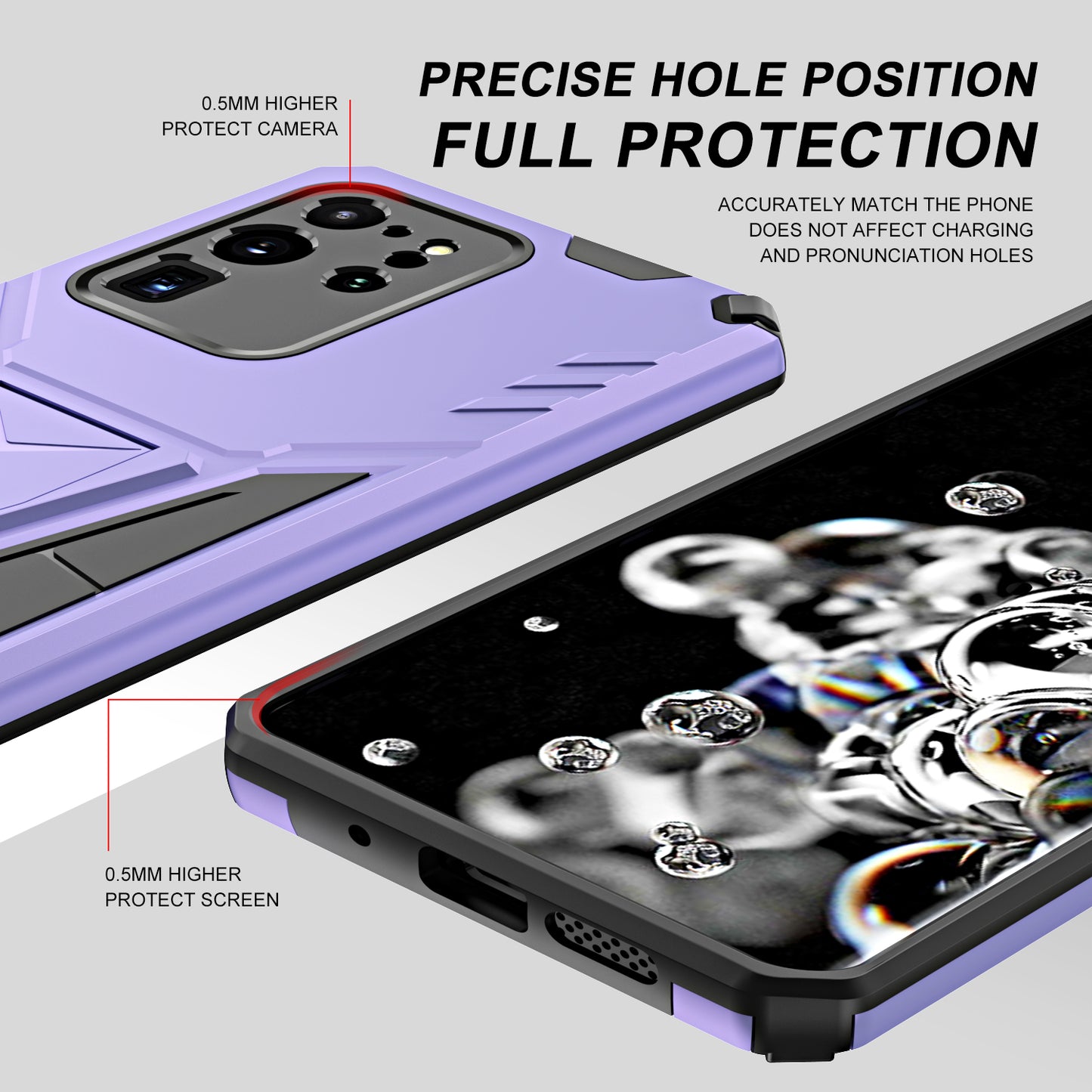 Dual-Layer Shock-Absorption V-Shaped Armor Hard PC + Flexible TPU Protective Case with Kickstand for Samsung Galaxy S20 Ultra - Purple