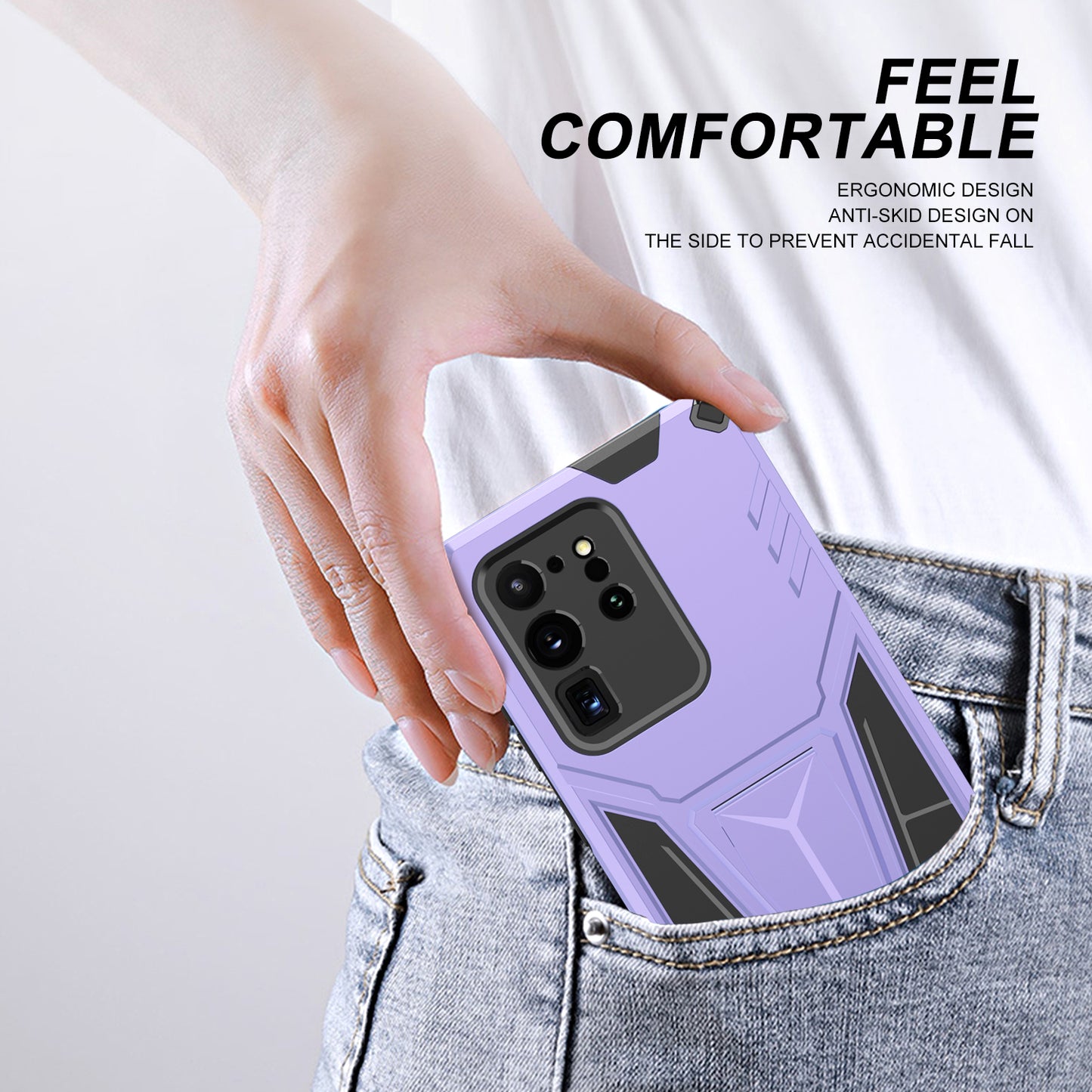 Dual-Layer Shock-Absorption V-Shaped Armor Hard PC + Flexible TPU Protective Case with Kickstand for Samsung Galaxy S20 Ultra - Purple