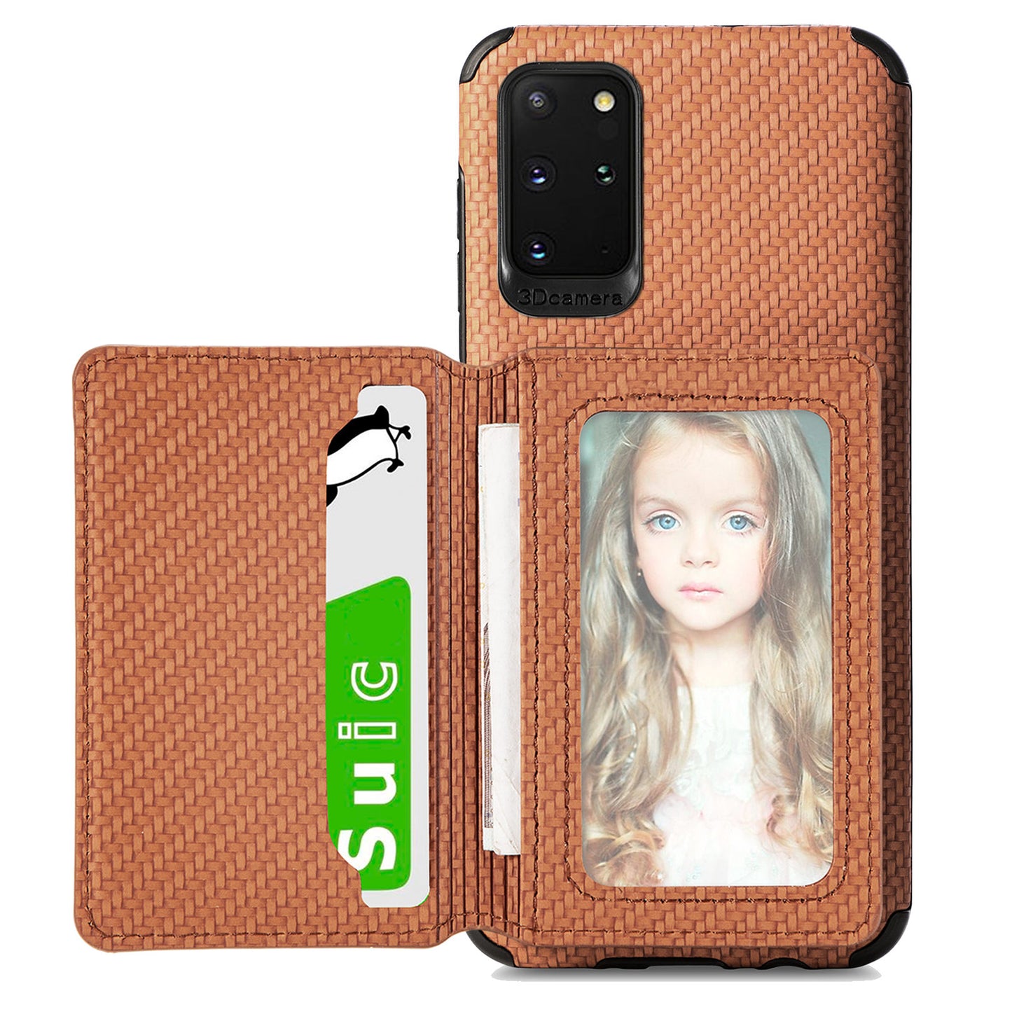 Phone Case Texture Anti-Drop Card Holder Design Built-in Magnet Metal Sheet Quality Leather and TPU Cover with Kickstand for Samsung Galaxy S20 Plus - Brown
