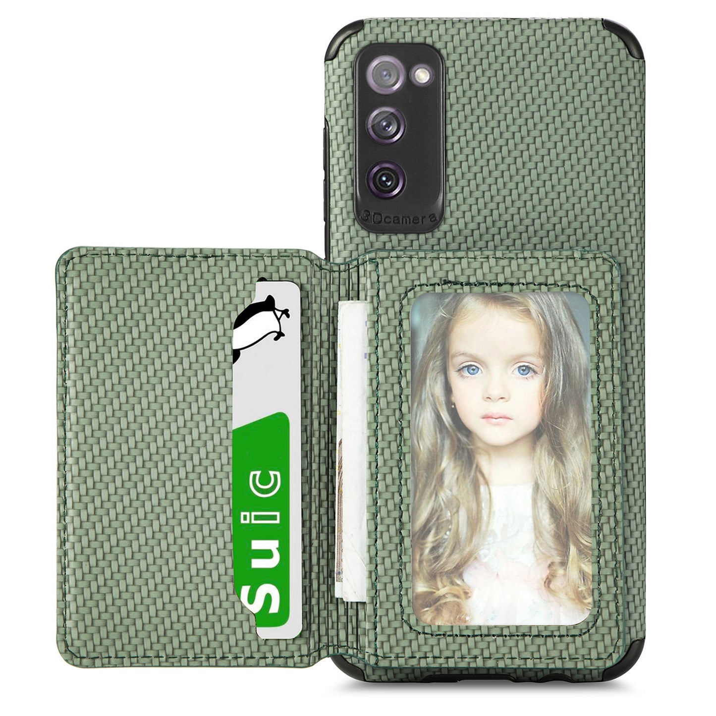 Anti-fall Carbon Fiber Texture PU Leather Coated Phone Case Kickstand Wallet Protective Cover for Samsung Galaxy S20 Lite/S20 FE/S20 FE 5G/S20 FE 2022 - Green