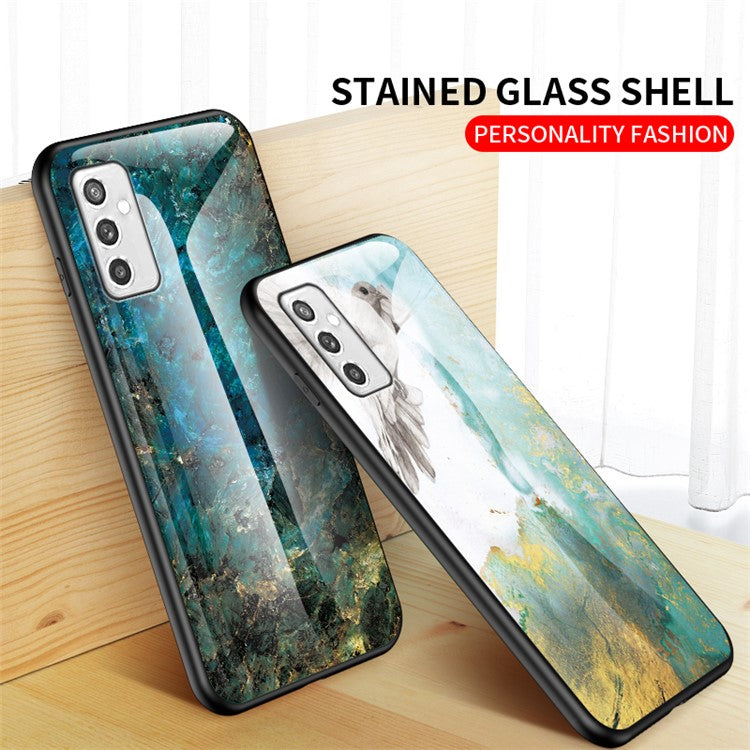 Marble Pattern Scratch-Resistant Soft TPU Frame Tempered Glass Back Cover for Samsung Galaxy M52 5G - Gold Black Marble