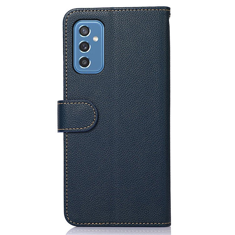 KHAZNEH Litchi Skin PU Leather RFID Blocking Anti-theft Swiping Wallet Stand Protective Phone Case with Strap for Samsung Galaxy M52 5G - Blue