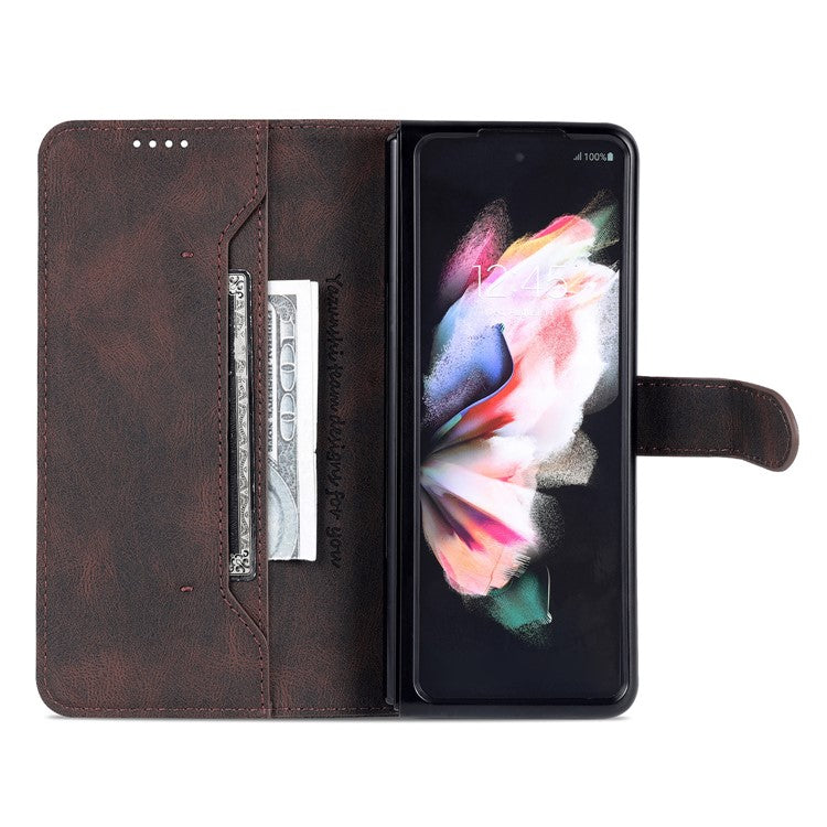 AZNS PU Leather Magnetic Clasp Closure Well-Protected Shockproof Phone Case with Stand Wallet for Samsung Galaxy Z Fold3 5G - Brown