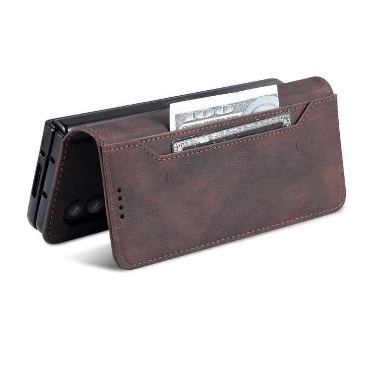 AZNS PU Leather Magnetic Clasp Closure Well-Protected Shockproof Phone Case with Stand Wallet for Samsung Galaxy Z Fold3 5G - Brown