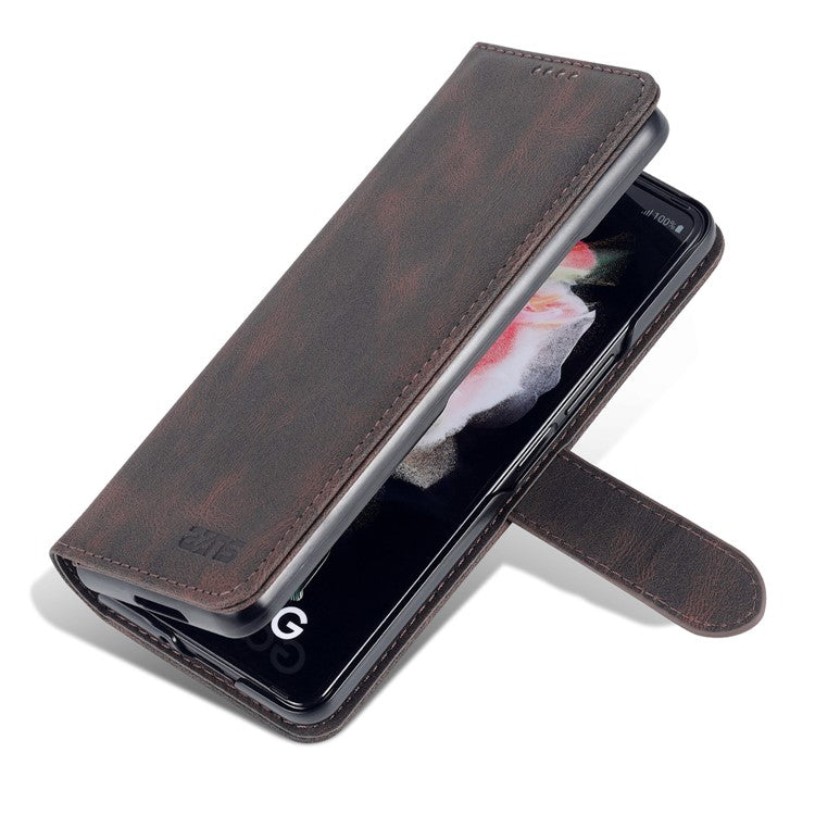 AZNS PU Leather Magnetic Clasp Closure Well-Protected Shockproof Phone Case with Stand Wallet for Samsung Galaxy Z Fold3 5G - Brown