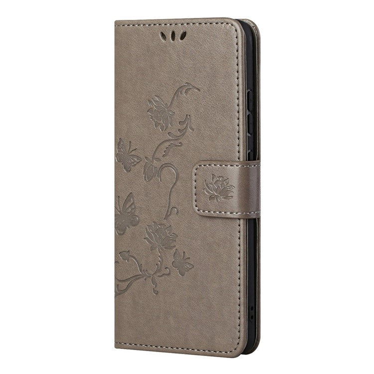 Butterfly Flower Imprinting Anti-Scratch Anti-Drop Leather Phone Wallet Stand Cover with Strap for Samsung Galaxy M52 5G - Grey