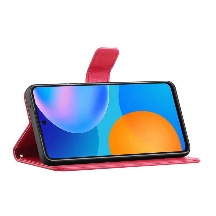 Butterfly Flower Imprinting Anti-Scratch Anti-Drop Leather Phone Wallet Stand Cover with Strap for Samsung Galaxy M52 5G - Red
