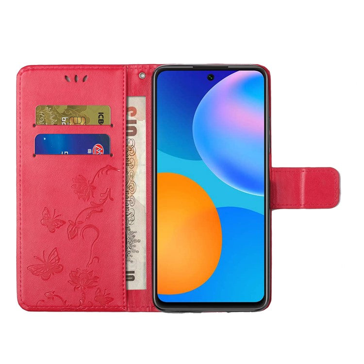 Butterfly Flower Imprinting Anti-Scratch Anti-Drop Leather Phone Wallet Stand Cover with Strap for Samsung Galaxy M52 5G - Red