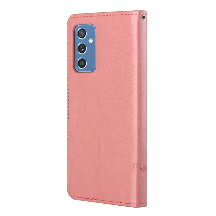 Butterfly Flower Imprinting Anti-Scratch Anti-Drop Leather Phone Wallet Stand Cover with Strap for Samsung Galaxy M52 5G - Pink