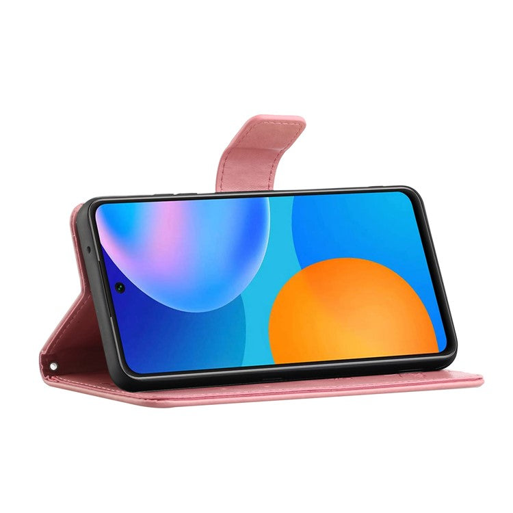 Butterfly Flower Imprinting Anti-Scratch Anti-Drop Leather Phone Wallet Stand Cover with Strap for Samsung Galaxy M52 5G - Pink