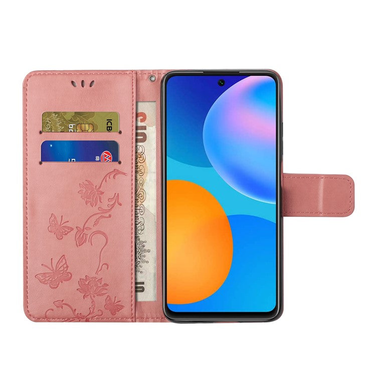 Butterfly Flower Imprinting Anti-Scratch Anti-Drop Leather Phone Wallet Stand Cover with Strap for Samsung Galaxy M52 5G - Pink