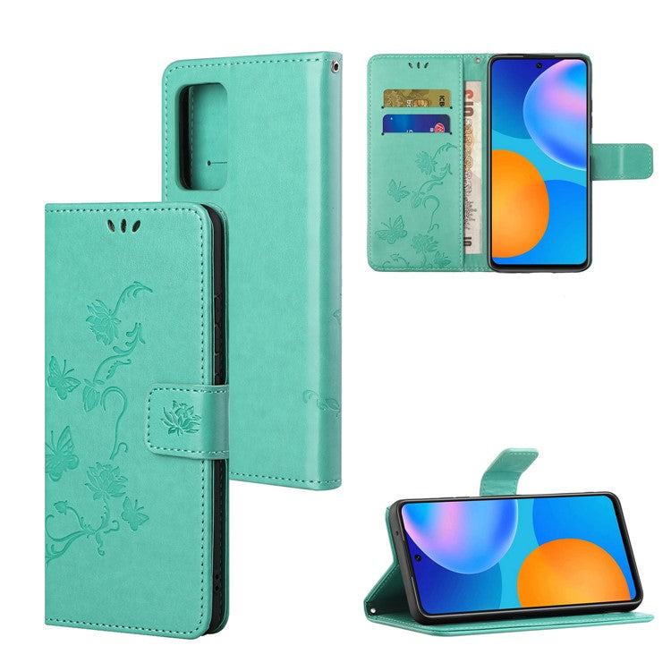 Butterfly Flower Imprinting Anti-Scratch Anti-Drop Leather Phone Wallet Stand Cover with Strap for Samsung Galaxy M52 5G - Green