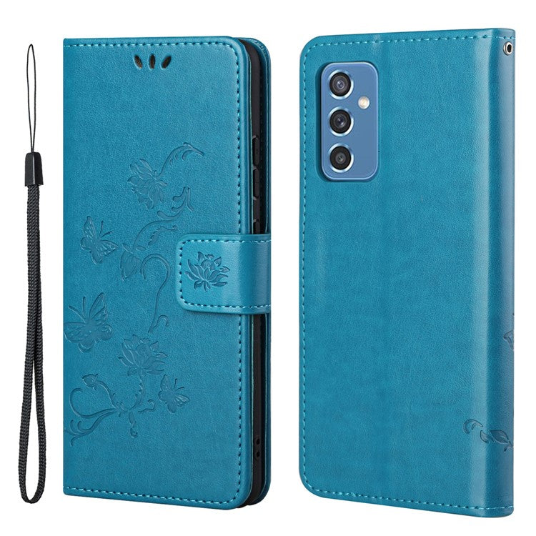 Butterfly Flower Imprinting Anti-Scratch Anti-Drop Leather Phone Wallet Stand Cover with Strap for Samsung Galaxy M52 5G - Blue