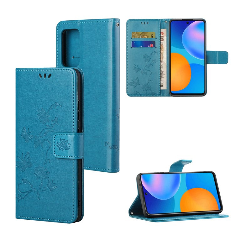 Butterfly Flower Imprinting Anti-Scratch Anti-Drop Leather Phone Wallet Stand Cover with Strap for Samsung Galaxy M52 5G - Blue