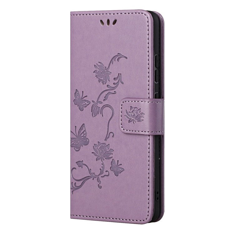 Butterfly Flower Imprinting Anti-Scratch Anti-Drop Leather Phone Wallet Stand Cover with Strap for Samsung Galaxy M52 5G - Purple