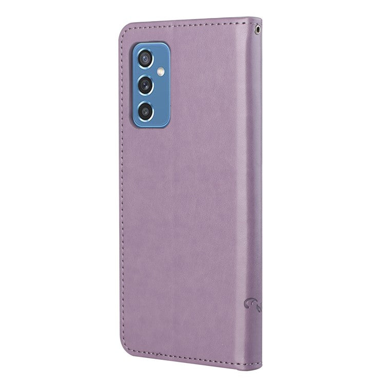 Butterfly Flower Imprinting Anti-Scratch Anti-Drop Leather Phone Wallet Stand Cover with Strap for Samsung Galaxy M52 5G - Purple