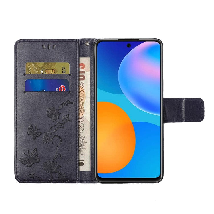 Butterfly Flower Imprinting Anti-Scratch Anti-Drop Leather Phone Wallet Stand Cover with Strap for Samsung Galaxy M52 5G - Dark Purple