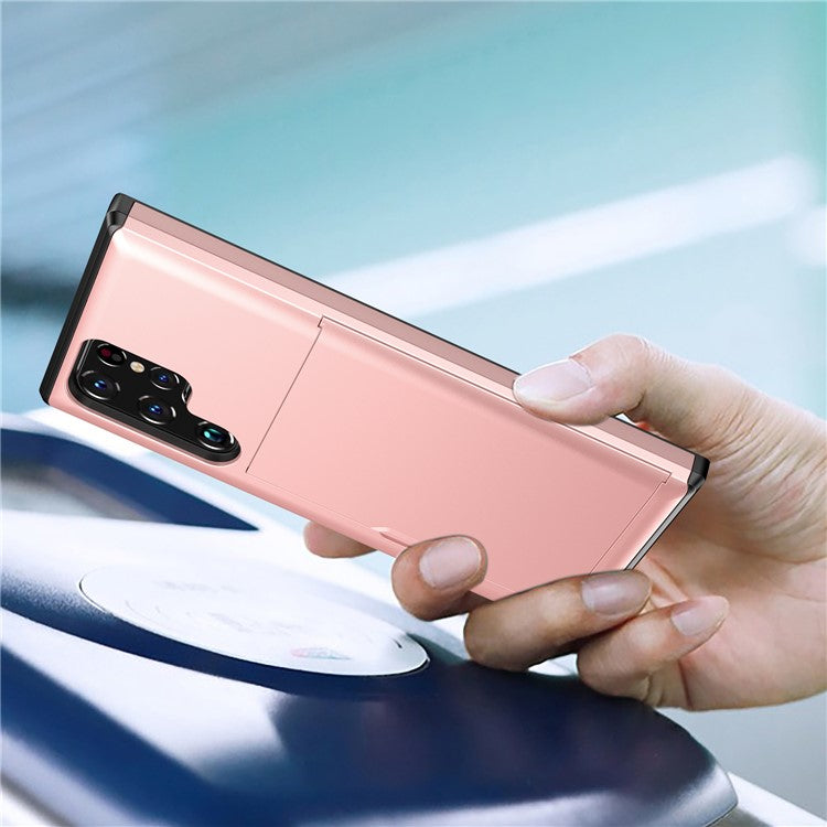 Slide Card Holder Anti-drop Well-protected Smooth PC + TPU Hybrid Phone Case for Samsung Galaxy S22 Ultra 5G - Rose Gold