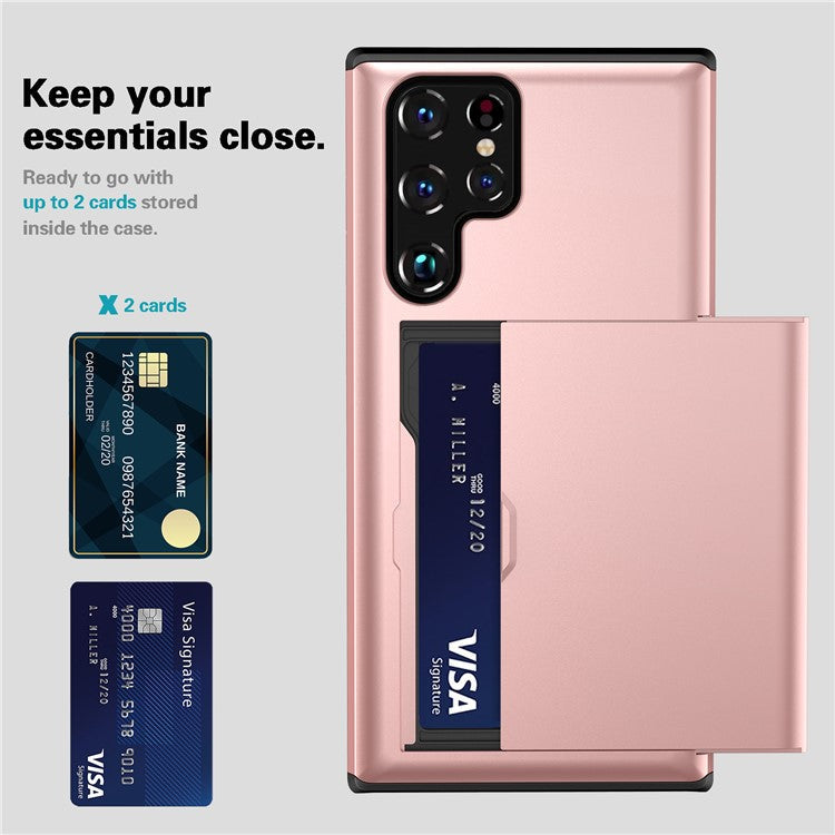 Slide Card Holder Anti-drop Well-protected Smooth PC + TPU Hybrid Phone Case for Samsung Galaxy S22 Ultra 5G - Rose Gold