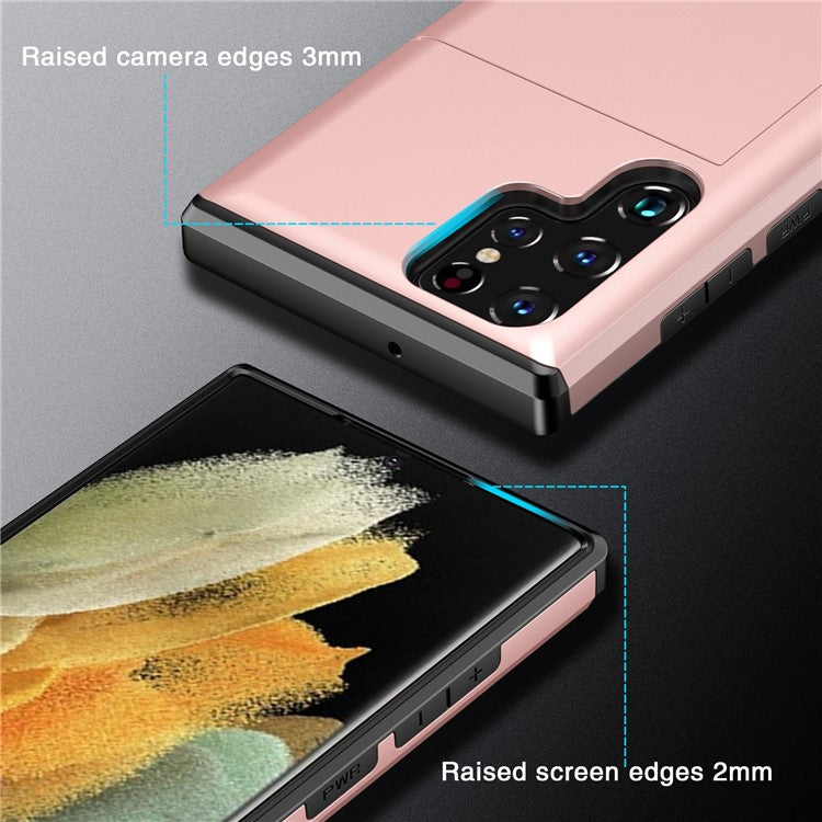 Slide Card Holder Anti-drop Well-protected Smooth PC + TPU Hybrid Phone Case for Samsung Galaxy S22 Ultra 5G - Rose Gold