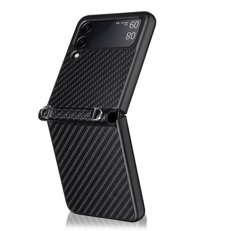 Carbon Fiber Texture One-piece Design PU Leather Coated PC Phone Case with Lanyard for Samsung Galaxy Z Flip3 5G - Black