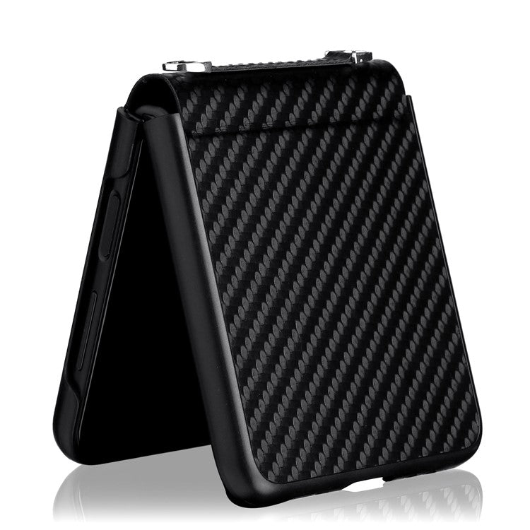 Carbon Fiber Texture One-piece Design PU Leather Coated PC Phone Case with Lanyard for Samsung Galaxy Z Flip3 5G - Black