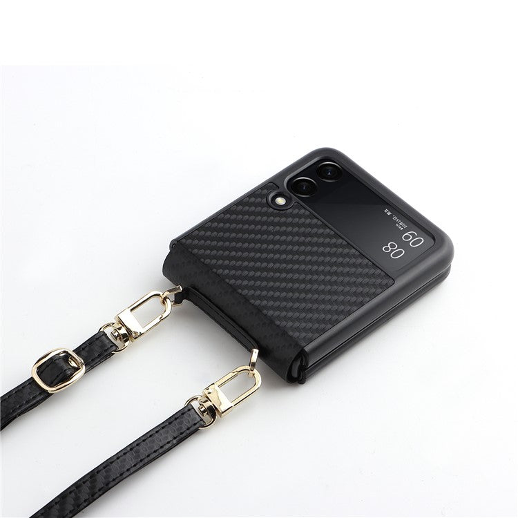 Carbon Fiber Texture One-piece Design PU Leather Coated PC Phone Case with Lanyard for Samsung Galaxy Z Flip3 5G - Black