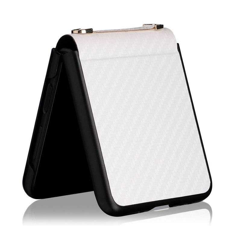 Carbon Fiber Texture One-piece Design PU Leather Coated PC Phone Case with Lanyard for Samsung Galaxy Z Flip3 5G - White